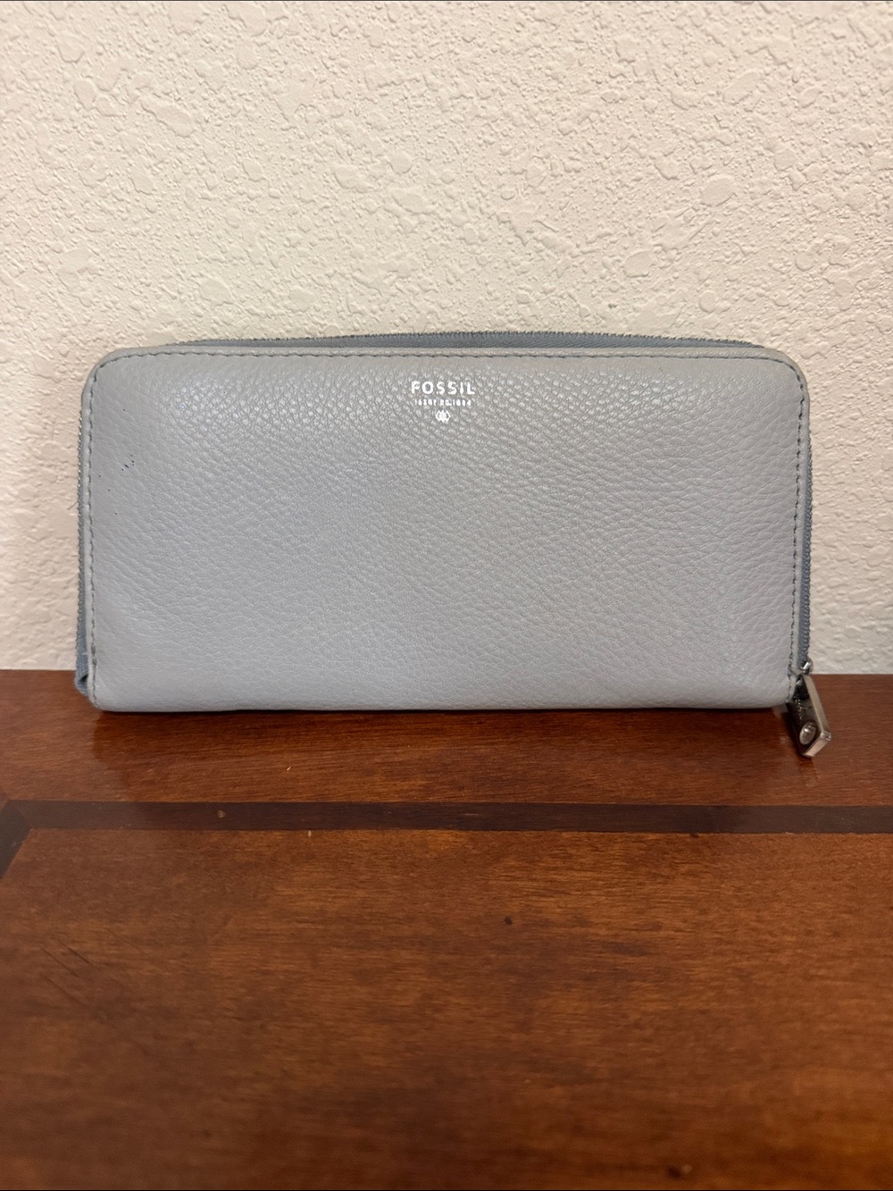 Fossil Light Gray Zip-Around Pebbled Leather Wallet